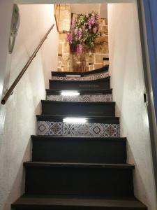 um conjunto de escadas com um vaso de flores em Studio cosy dans le centre de Montpellier em Montpellier