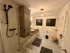 y baño con ducha, aseo y lavamanos. en 77m² - 3 Zi Modern Zentrum Küche Dachterrasse WLAN, en Karlsruhe