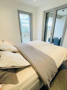 a bedroom with two beds and a large window at 1 bedroom with parking in center and a large terrace. in Luxembourg