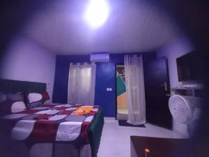um quarto com uma cama e uma parede azul em Impeccable 1-Bed Apartment 