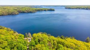 an aerial view of a lake in the woods at Breathtaking view of Lake Rosseau in Rosseau