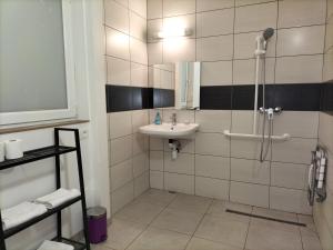 a bathroom with a sink and a shower at Appart'Hôtel Les ACACIAS courte et longue durée in Bischoffsheim