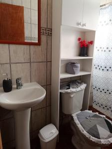 La salle de bains est pourvue d'un lavabo blanc et de toilettes. dans l'établissement Cabañas Tres Islas, à Punta de Choros