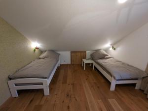 2 Betten in einem kleinen Zimmer mit Holzböden in der Unterkunft Sonnige Aussicht in Waldhölzbach