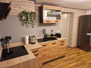 eine Küche mit Holzschränken und einem schwarzen Kühlschrank in der Unterkunft Ferienwohnung/Monteurunterkunft 2.0 Leopolshall in Staßfurt