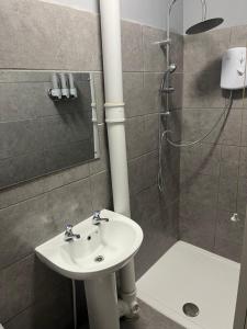 a bathroom with a sink and a shower at Heroesbunkz in Newcastle upon Tyne