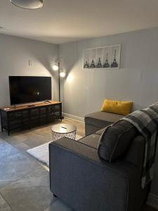 a living room with a couch and a flat screen tv at Cozy & Comfortable basement apartment in Mississauga
