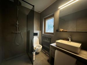 波希斯貝拉的住宿－4 Elements Resort Bled，浴室配有卫生间、盥洗盆和淋浴。