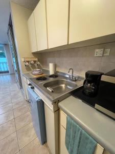 a small kitchen with a sink and a stove at Beach Front Studio Apartment with Pool in Isabela