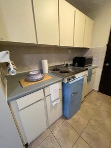 a small kitchen with a stove and a sink at Beach Front Studio Apartment with Pool in Isabela