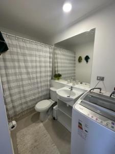a bathroom with a sink and a toilet and a mirror at Condominio Río Elqui in La Serena