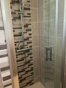 W łazience znajduje się prysznic ze szklanymi drzwiami. w obiekcie Appartement Cosy idéalement situé w mieście Le Grand-Bornand