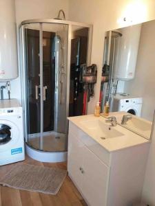 a bathroom with a shower and a sink and a washing machine at Appart’ terrasse vue exceptionnelle 1er étage in Montbéliard +18 photos