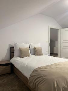 ein Schlafzimmer mit einem großen Bett mit weißer Bettwäsche und Kissen in der Unterkunft Casa Matteo in Moisei
