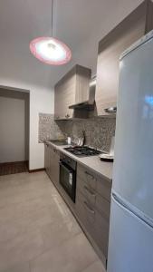 cocina con electrodomésticos de acero inoxidable y nevera blanca en Corona Apartments, en Terralba