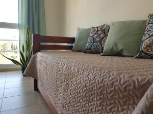 a bedroom with a large bed with pillows and a window at Departamento Talero con cochera in Neuquén