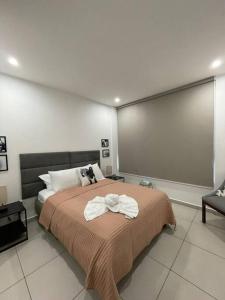 1 dormitorio con 1 cama grande y pantalla grande en Moderno y acogedor condominio en San Pedro Sula