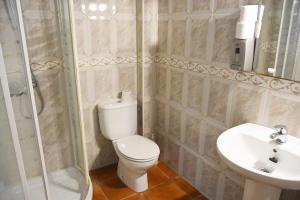 a bathroom with a toilet and a sink and a shower at Apartamentos rurales Entrecaminos in Ardales