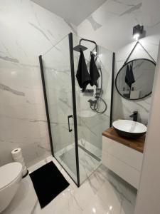 y baño con ducha acristalada y lavamanos. en ST55 Apartament, en Rzeszów