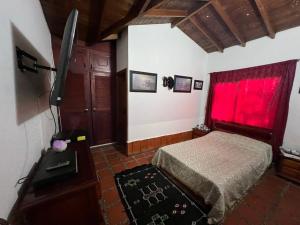 una camera con letto e finestra rossa di Green farm, with dry/wet, and near infrared sauna a Caldas