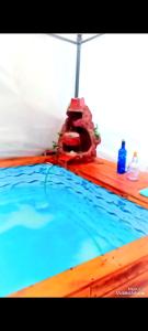 a person in a life vest next to a swimming pool at La casita de Manu in Guaymallen