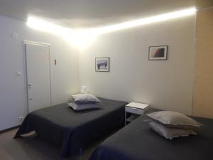 sypialnia z 2 łóżkami i lampką na suficie w obiekcie Immalanjärvi w mieście Imatra