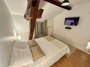 a bedroom with a white bed and a television at Spacieux & Charmant 2 chambres - Lyon Bron Eurexpo in Bron