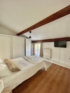 Schlafzimmer mit einem Bett und einem Flachbild-TV in der Unterkunft Spacieux & Charmant 2 chambres - Lyon Bron Eurexpo in Bron