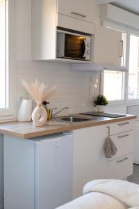 a white kitchen with a sink and a microwave at Zen et Romantique Room - Harmonie in Moulins