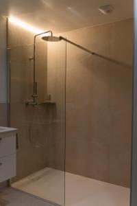 a shower with a glass door in a bathroom at Zen et Romantique Room - Harmonie in Moulins