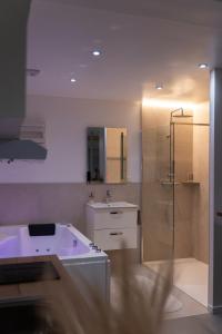 La salle de bains est pourvue d'une baignoire, d'une douche et d'un lavabo. dans l'établissement Zen et Romantique Room - Harmonie, à Moulins