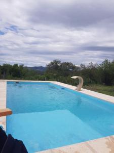een groot blauw zwembad met een gebogen bij Cabaña La ventana de la luna in Cuesta Blanca