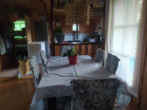 CASA DE CAMPO في فيلاريكا: طاولة عليها قماش الطاولة البيضاء وزرع الفخار
