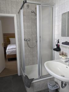 a bathroom with a shower and a sink at Gasthaus Mandelhof in Neustadt an der Weinstraße