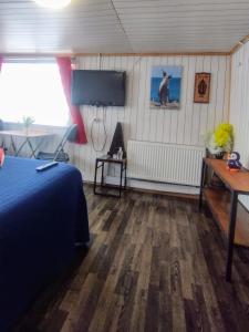 um quarto com uma cama e uma televisão de ecrã plano em Hostal Host Patagonia em Punta Arenas