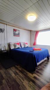 a bedroom with a blue bed in a room at Hostal Host Patagonia in Punta Arenas