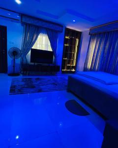a blue room with a bed and a window at Sammy's Place in Lekki