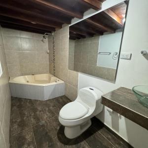 La salle de bains est pourvue de toilettes et d'une baignoire. dans l'établissement HOTEL CASA ALEMAN EN MOMPOX CON PARQUEADERO Y PISCINA CENTRO HISTORICOo, à Mompós
