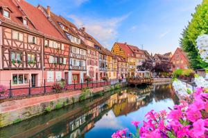 une rangée de bâtiments à côté d'une rivière aux fleurs roses dans l'établissement Le gîte de l ill proche Strasbourg, à Ostwald