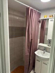 baño con cortina de ducha rosa y lavamanos en MG Sa, en Sarajevo