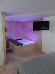 a room with a bathtub with a tv on a wall at Chalet détente proche plage in La Ciotat