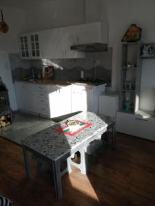 a kitchen with a table in the middle of it at Apartman Mila in Ostrovo