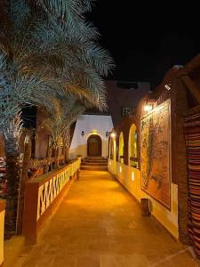 a hallway of a building with a palm tree at Dar El Hakim, le petit hôtel de Timimoun in Timimoun