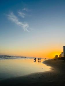 a group of people walking on the beach at sunset at Apartamento para alugar in Mongaguá