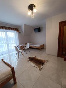 uma sala de estar com um cão deitado no chão em Willa Gorce em Ostrowsko