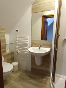 een badkamer met een wastafel en een toilet bij Willa Gorce in Ostrowsko