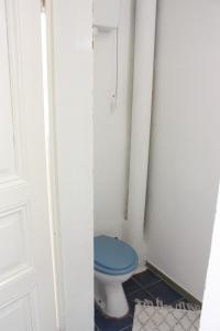 a bathroom with a blue toilet in a room at Xxl room with a lounge on Britanski trg, shared bathroom & kitchen in Zagreb