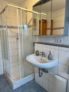 uma casa de banho com um lavatório e um chuveiro em Ferienhaus Eichhölzle em Münsingen