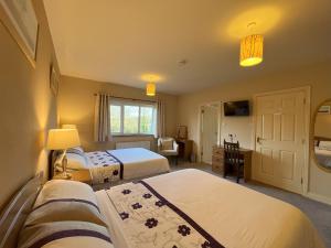 a hotel room with two beds and a desk at PK Lodge B&B in Skibbereen