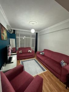 Kadıköy Holiday Home في إسطنبول: غرفة معيشة مع كنبتين حمراء وتلفزيون